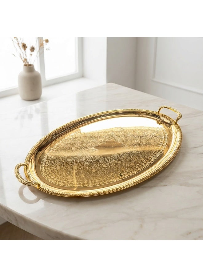Si Bonne Luxury Oval Gold Decorative Serving Tray with Engraved Geometric Design - Image 2